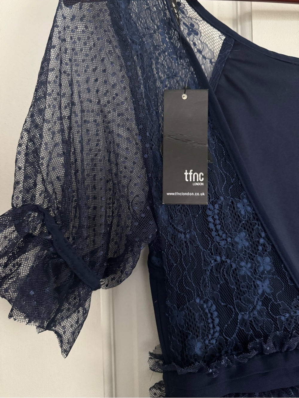 NWT Elegant Navy Maxi Dress with Sheer Puff Sleeves - Picture 3 of 6